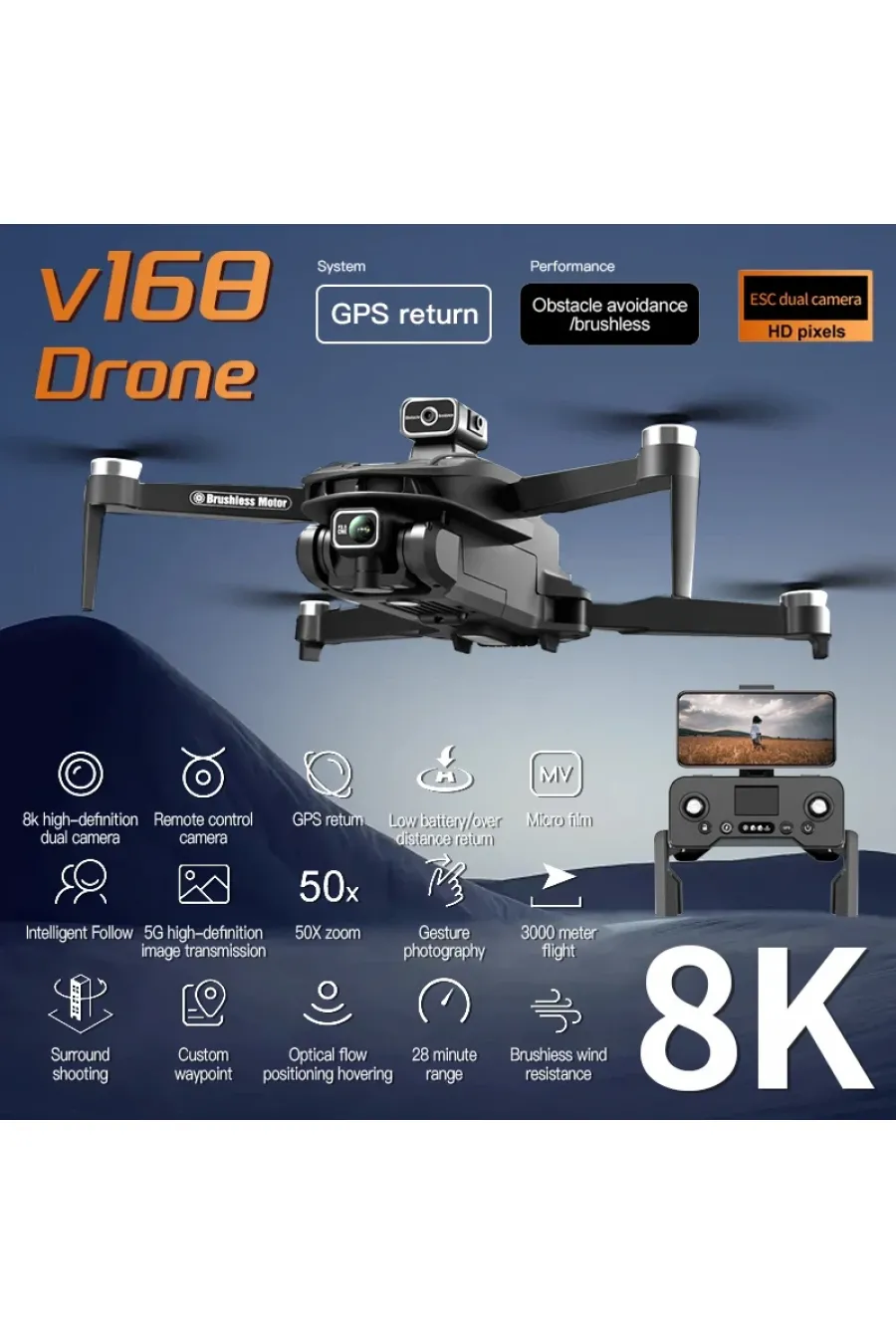 V168 Profesyonel 4K GPS Drone – 3 Kameralı, Engelden Kaçınma Özellikli